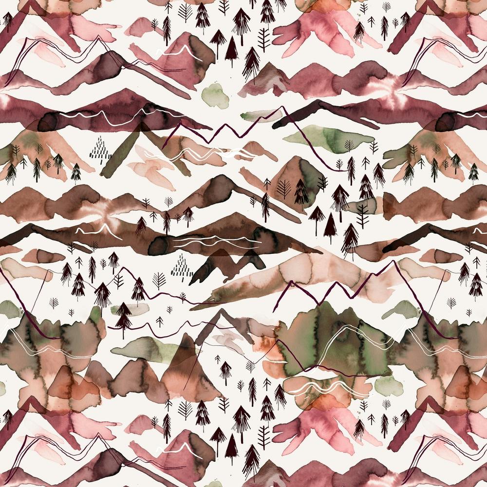 Watercolor Mountains Red Green Red Square