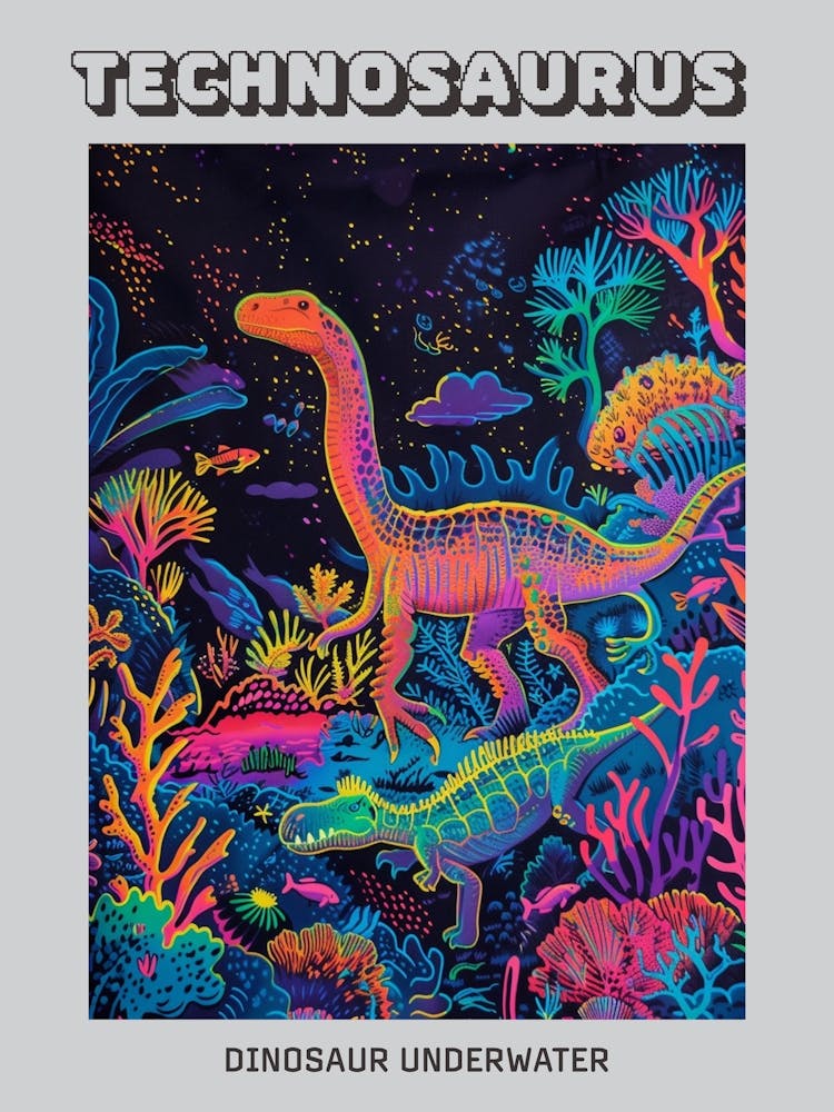 Neon Underwater Dinosaurs 2 Poster