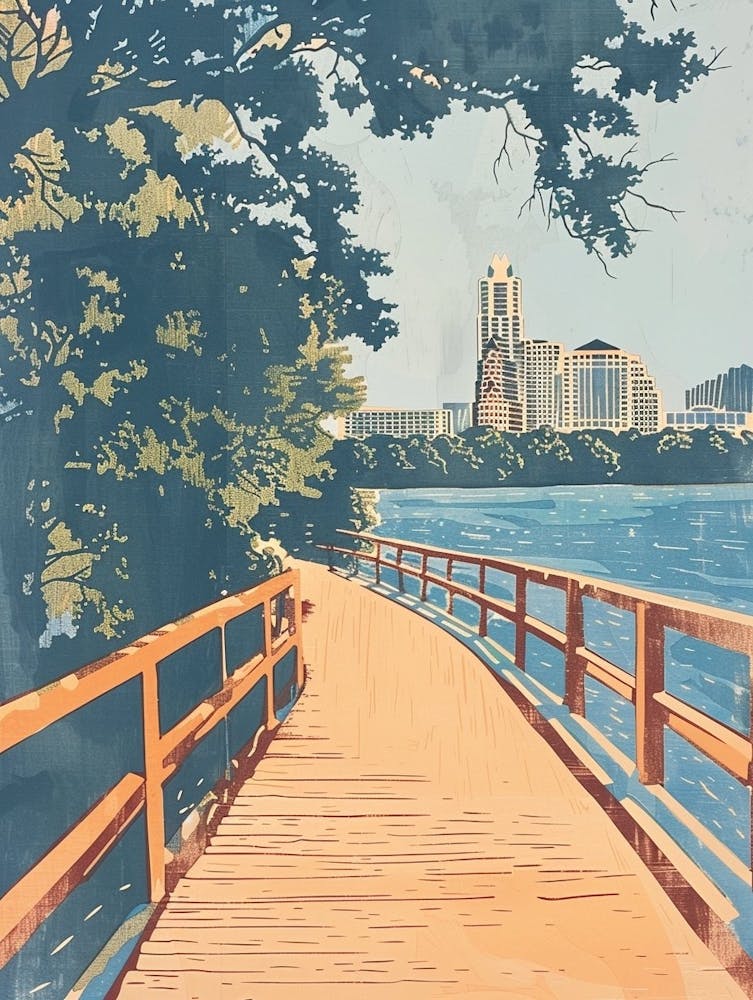 Lady Bird Lake And The Boardwalk Austin Texas Colourful Blockprint 1