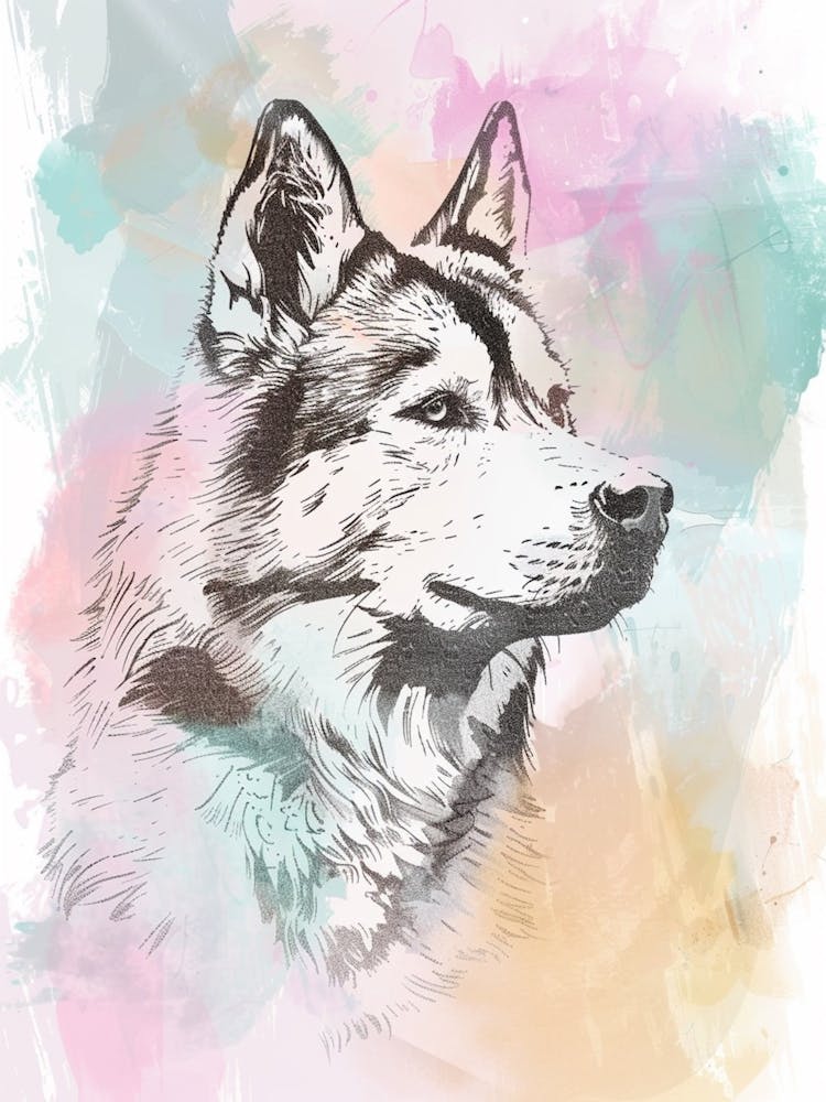 Alaskan Malamute Pastel Line Watercolour Illustration  1