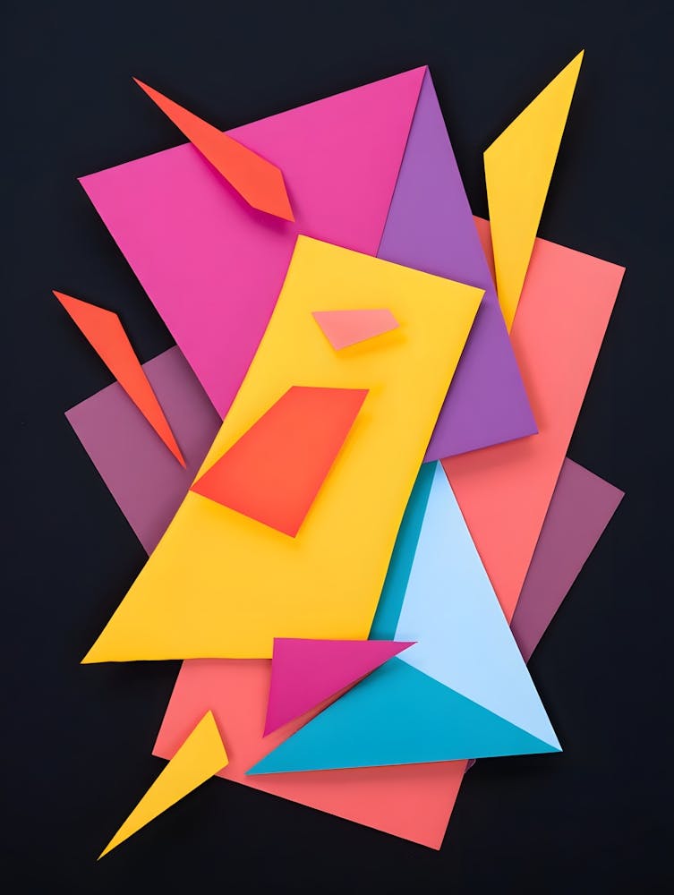 Abstract Colorful Geometric Collage – Bold Paper Cutout on Dark Background