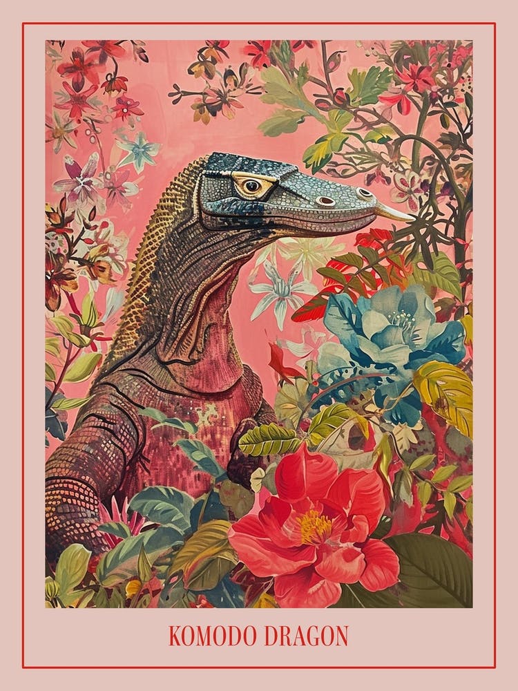 Floral Animal Painting Komodo Dragon Poster