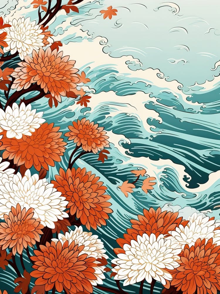 Great Wave With Chrysanthemum Flower Drawing In The Style Of Ukiyo E 2