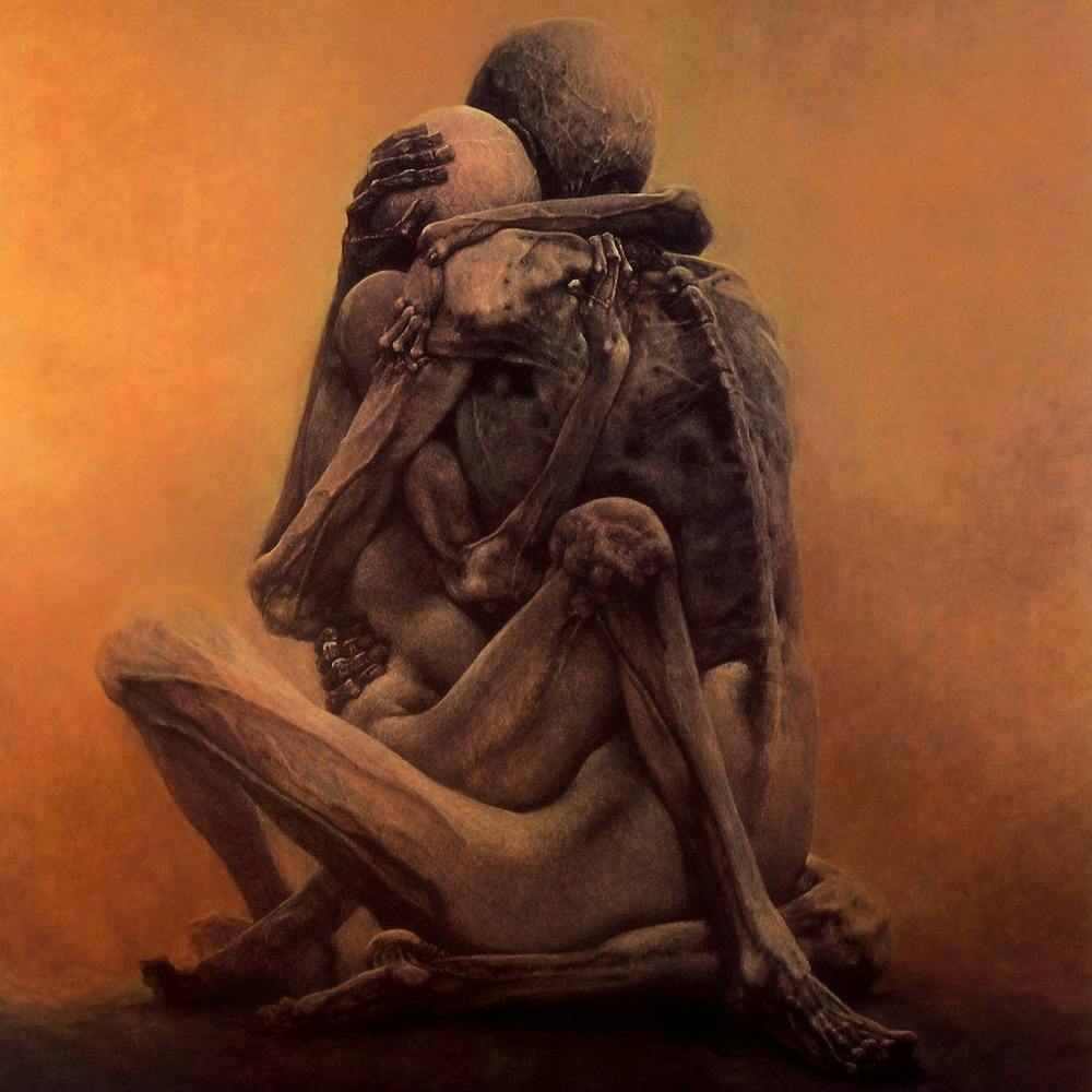 Zdzislaw Beksinski Skeletons Embracing | Oil on Panel Skull Gothic Dark Aesthetic Wall Art | Macabre Skeleton Couple Romantic Valentines HD Remastered