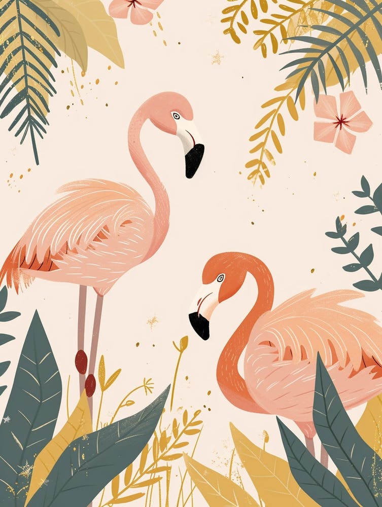 Lesser Flamingo And Tiare Flower Minimalist Illustration 1