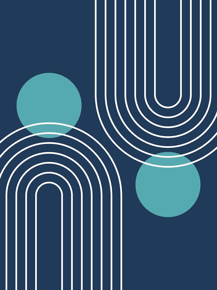 Mid Century Modern Geometric C21 In Navy Blue And Teal (Rainbow And Sun Abstraction) 01
