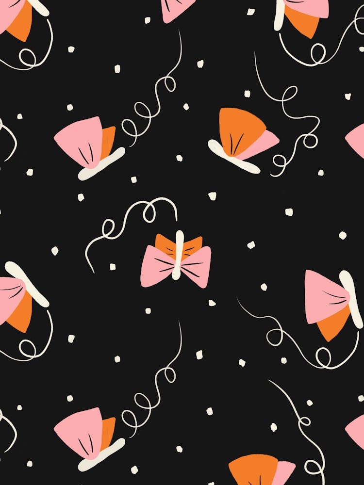 Fluttering Retro Fireflies Peach and Pink on Black