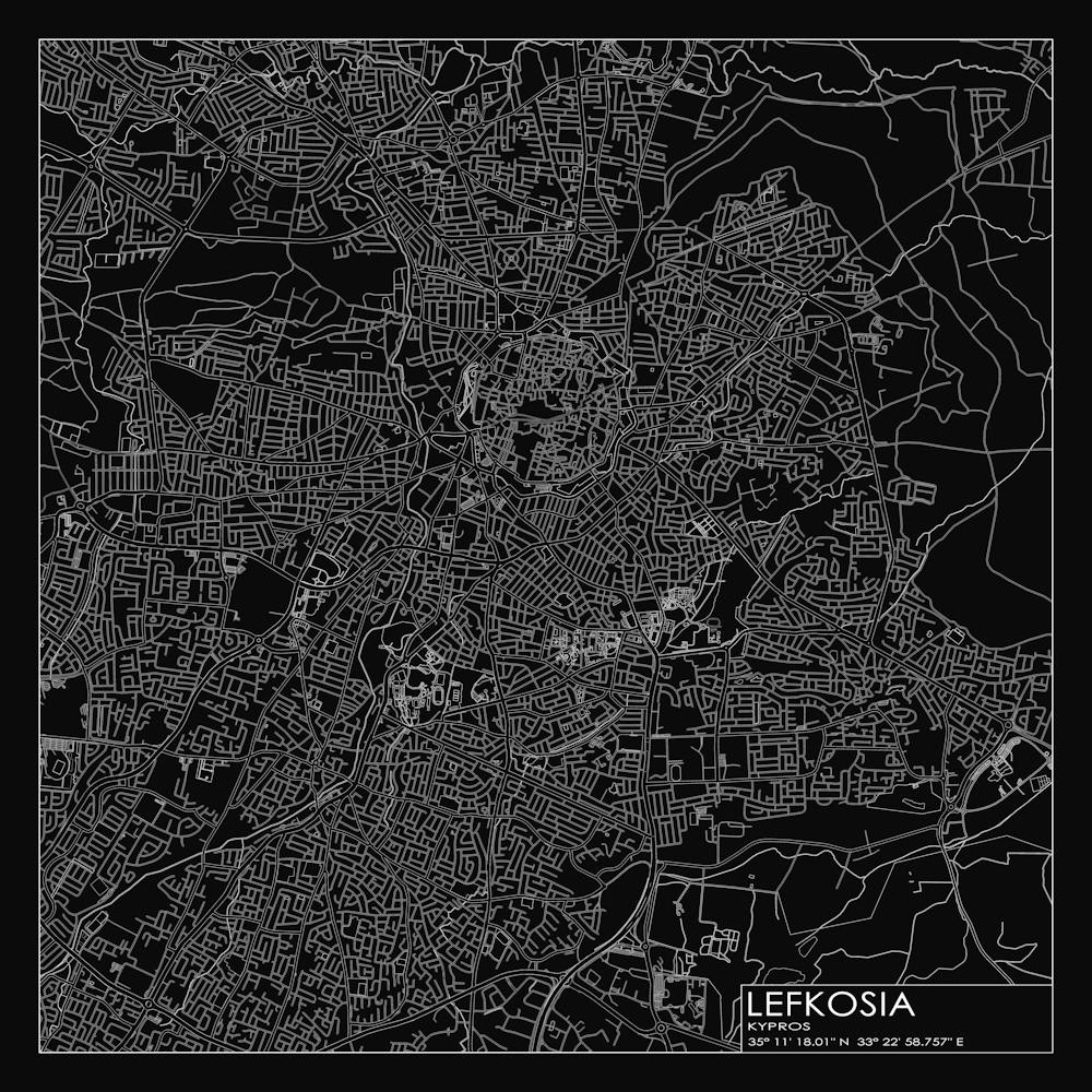 Lefkosia, Kypros, (Nicosia, Cyprus) City Map White On Black Blueprint Design
