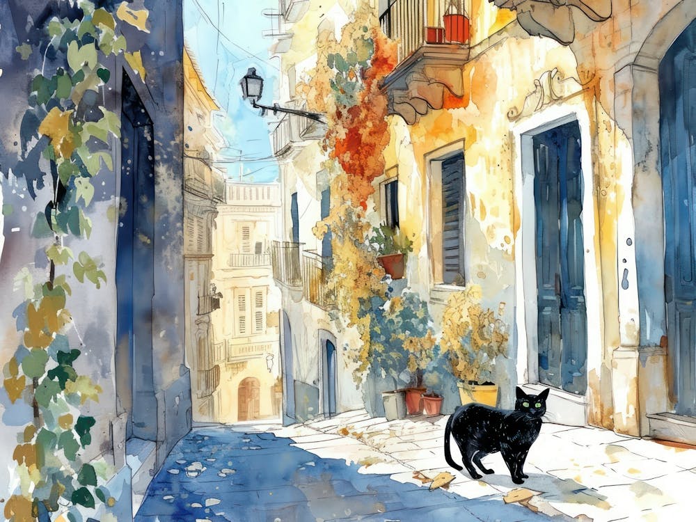 Black Cat In Catania, Italy, Street Art Watercolour Painting 4