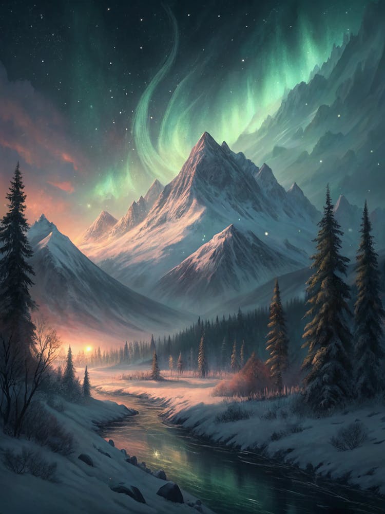 Oil Painting Style Muted Northern Mountain Scene