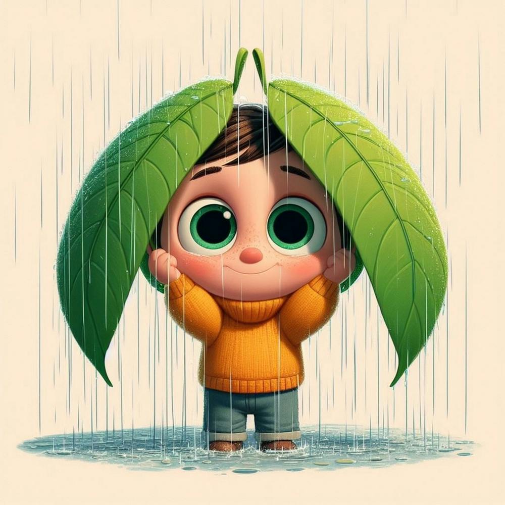 Cute child covering herself from rain