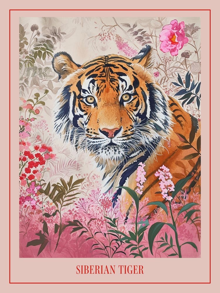 Floral Animal Painting Siberian Tiger 4 Poster