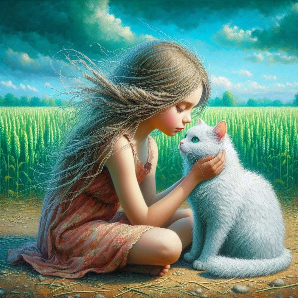Little Girl And White Cat
