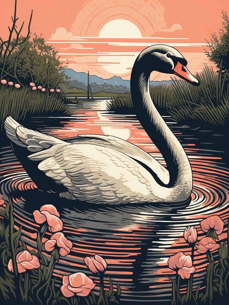 Vintage Bird Linocut Swan 1