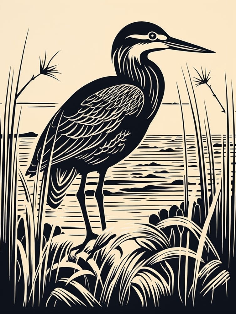 B&W Bird Linocut Green Heron 4