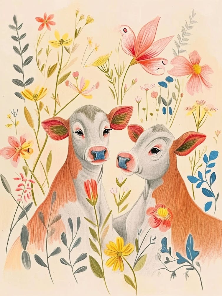 Folksy Floral Animal Drawing Cow 3