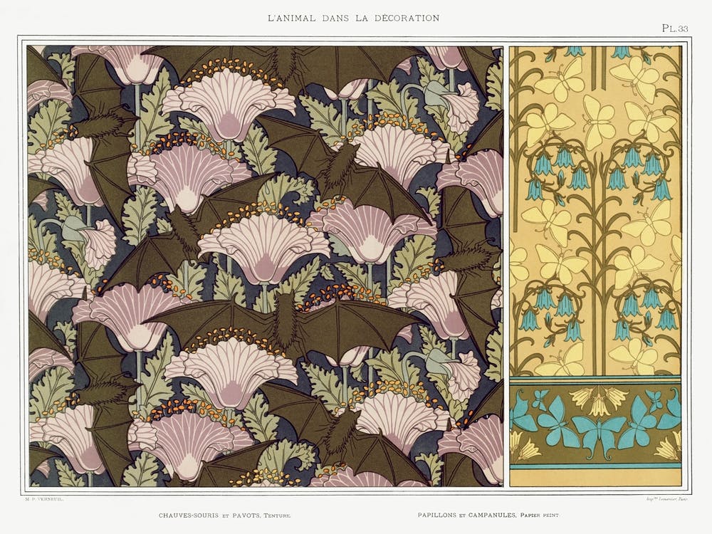 Bats and Poppies Wall Hanging. Butterflies and Bellflowers, Wallpaper from The Animal in Decoration (1897), Maurice Pillard Verneuil