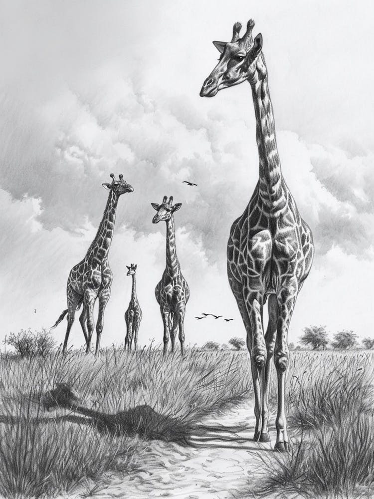 Giraffe Walking Down The Path Pencil Drawing 4