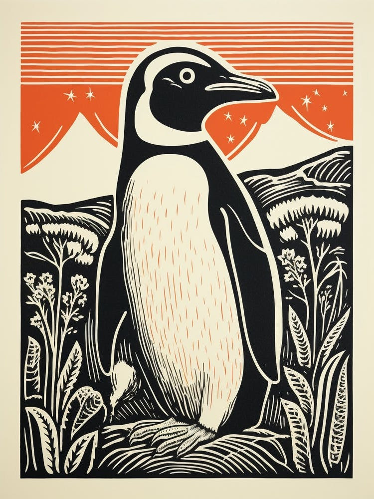 Vintage Bird Linocut Penguin 3