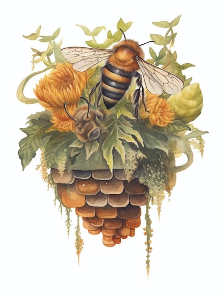 Dark Giant Honey Bee Beehive Watercolour Illustration 1