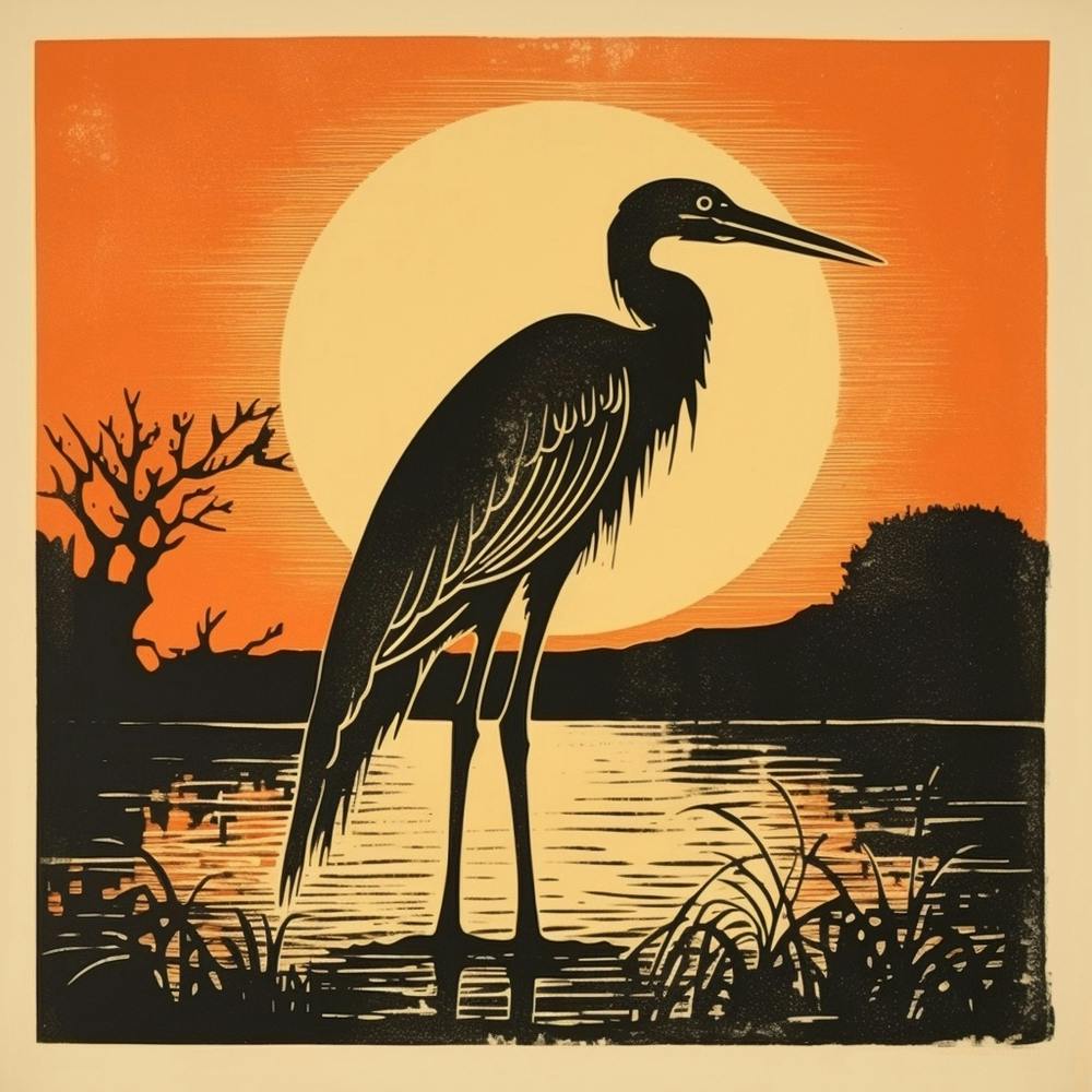 Retro Bird Lithograph Great Blue Heron 6