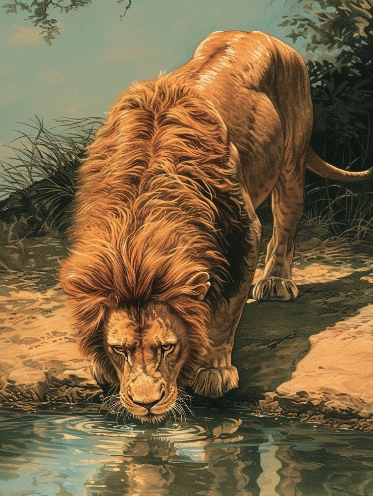 Berberlöwe Relief-Illustration Trinkend 3