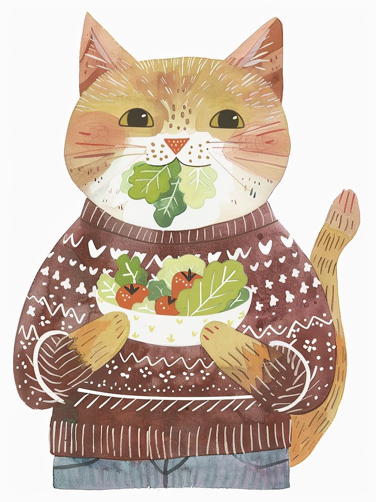 Brown Cat Eating Salad Folk Illustration 1