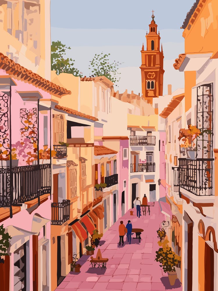 Seville Spain 3 Vintage Pink Travel Illustration