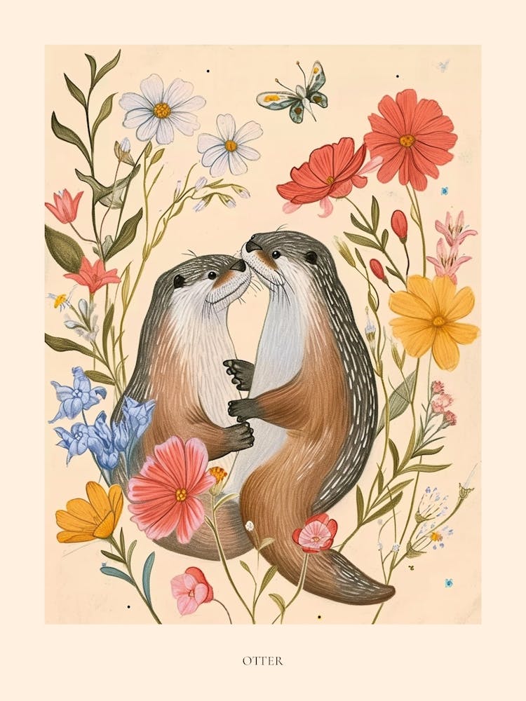 Folksy Floral Animal Drawing Otter Poster