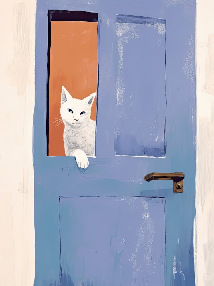 Cat Peeking Out Of Blue Door