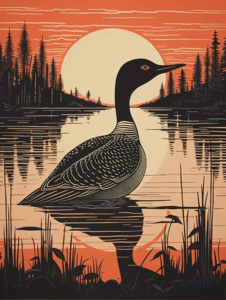 Vintage Bird Linocut Loon 2