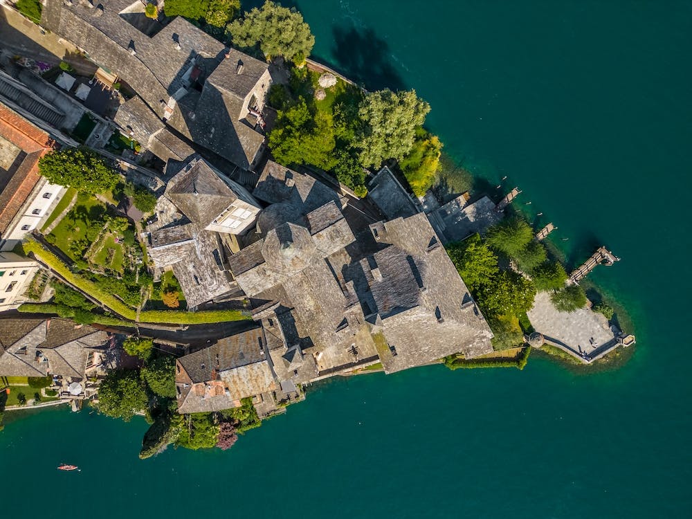 Isola San Giulio, Lake Orta, Italy. Drone photography.