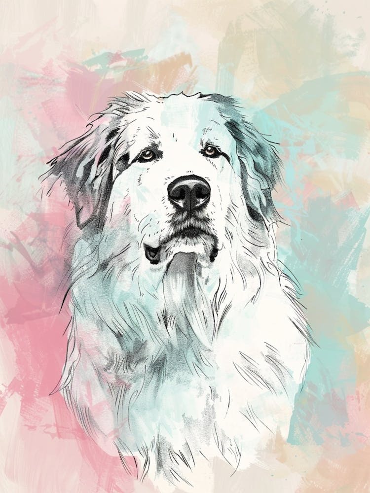 Great Pyrenees Dog Pastel Line Watercolour Illustration  3
