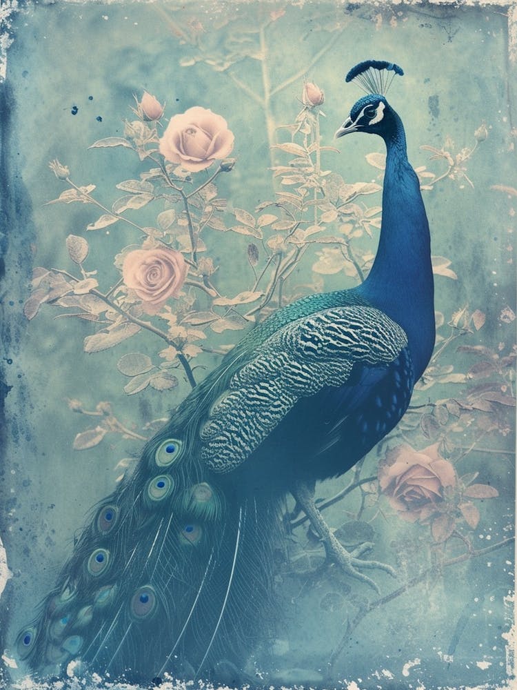 Turquoise Peacock With Roses Cyanotype Inspired  1