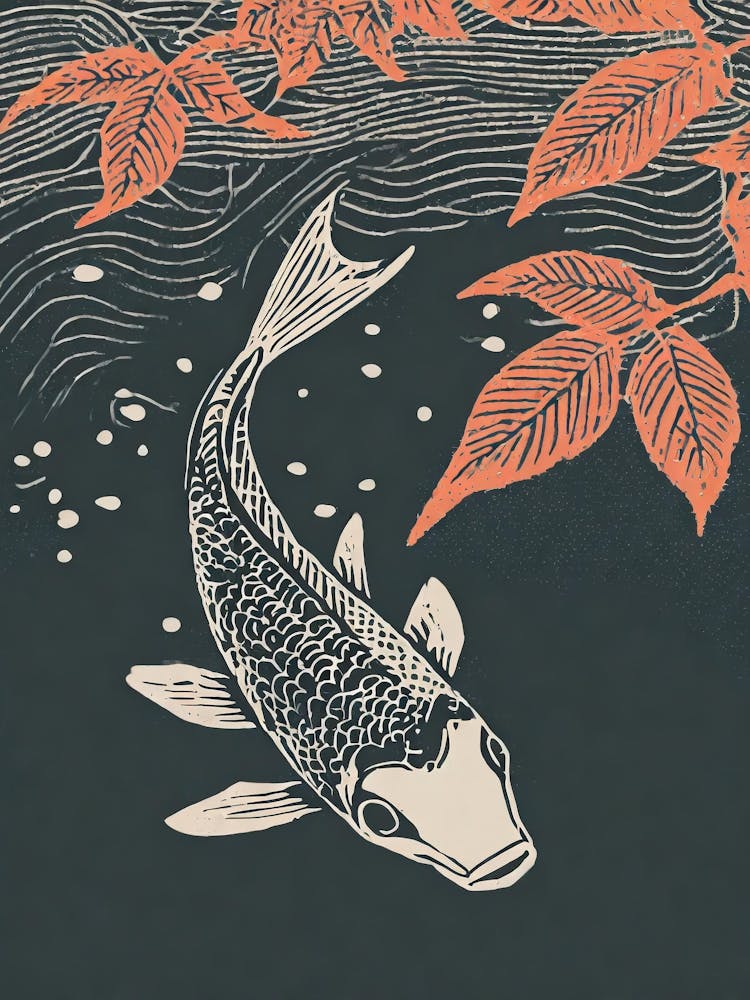 A Carp Koi Pond Reflecting Autumn Leaves Ukiyo-E