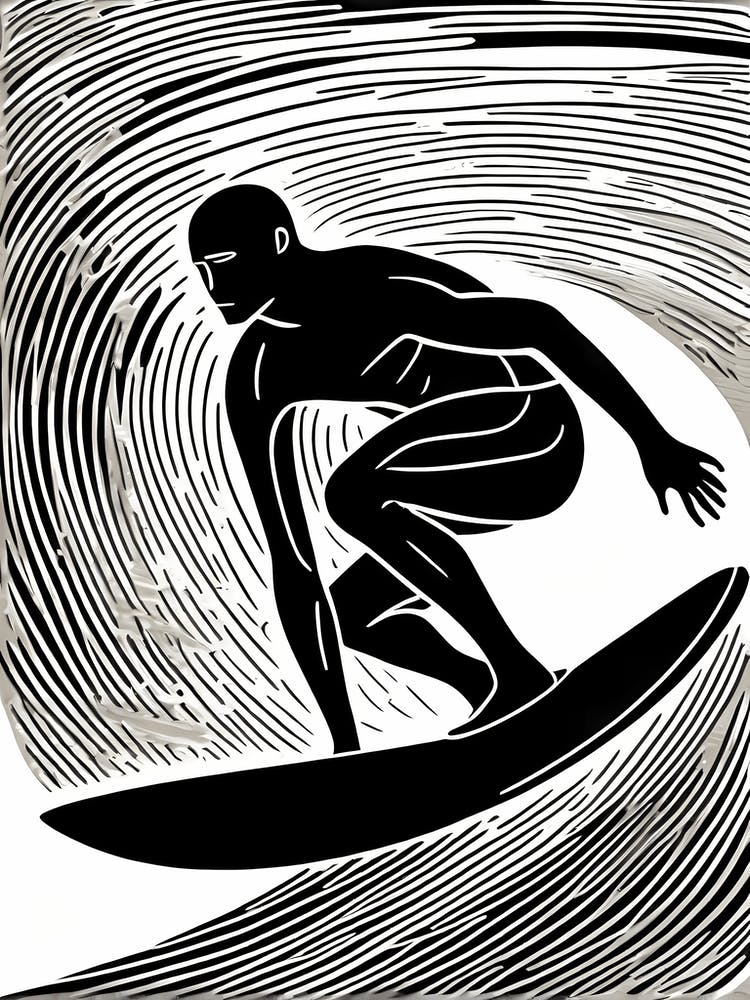 Linocut Black And White Surfer On A Wave art, surfing art, 268