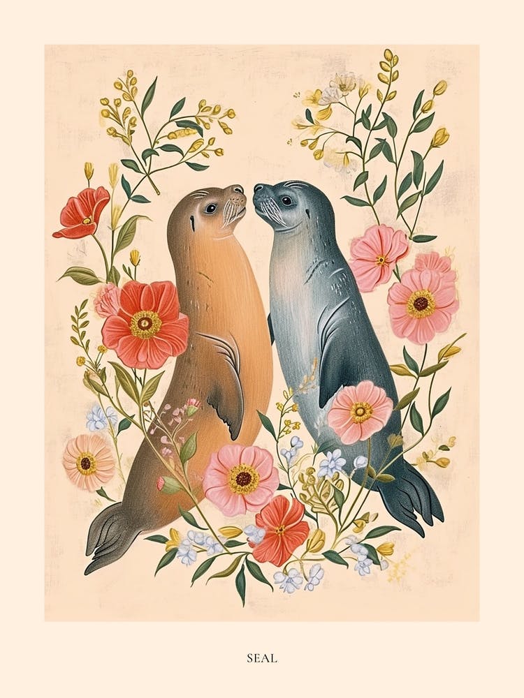 Folksy Floral Animal Drawing Seal 1 Poster