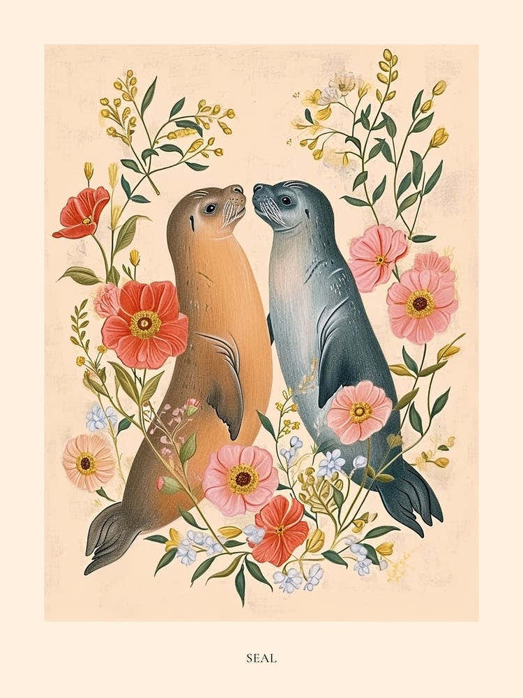 Folksy Floral Animal Drawing Seal 1 Poster