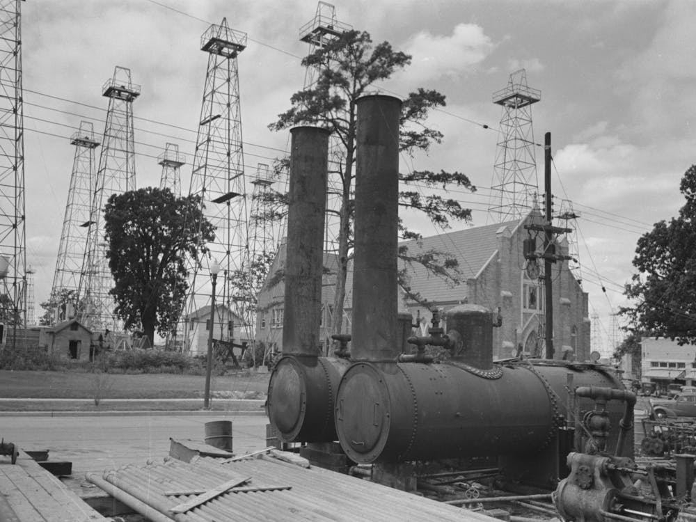 Oil Well Boilers With Church And Oil Derricks In The Background, This Is Reputed To Be One Of The Richest