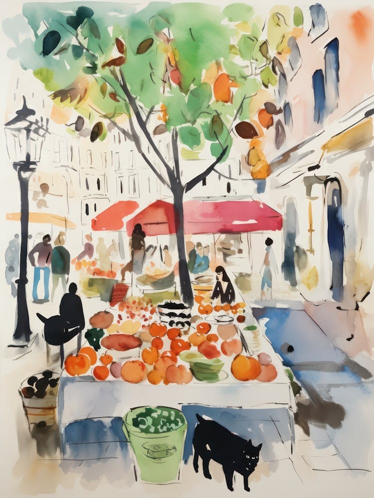 Lebensmittelmarkt mit Katzen in Wien 2 Aquarell