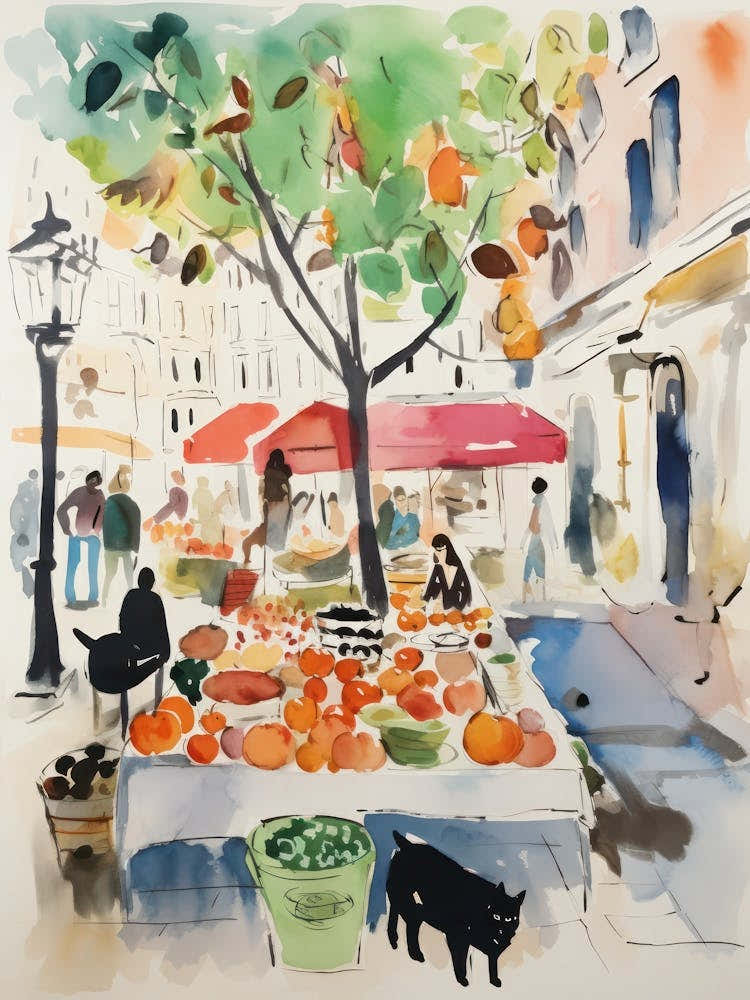 Food Market With Cats In Vienna 2 Watercolour