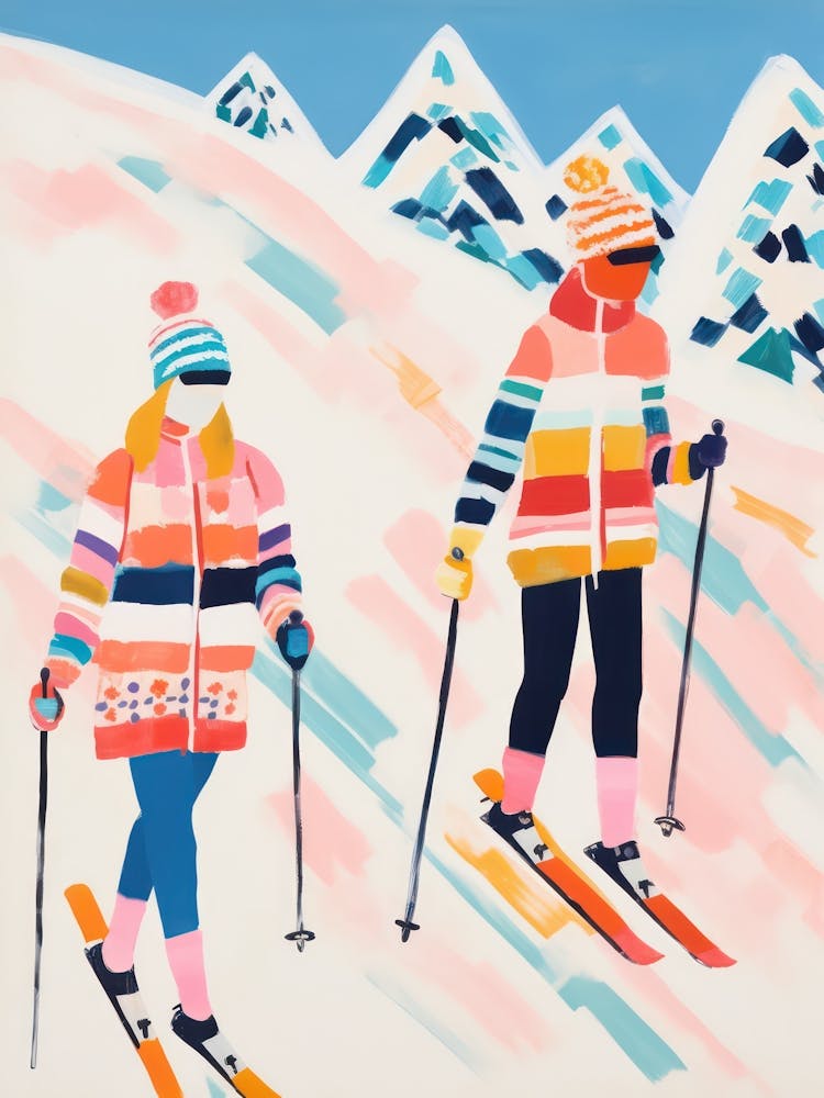 Ski Couple Matisse Style Winter Snow Painting