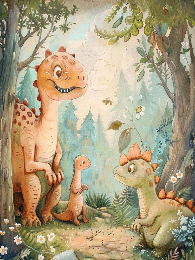 Dinosaur Family In The Woods Storybook Style