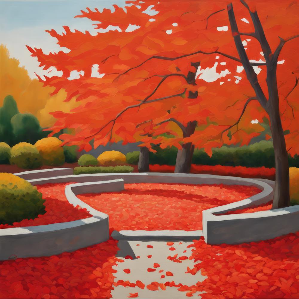 Japanese Zen Garden During Autumn Style of David Hockney