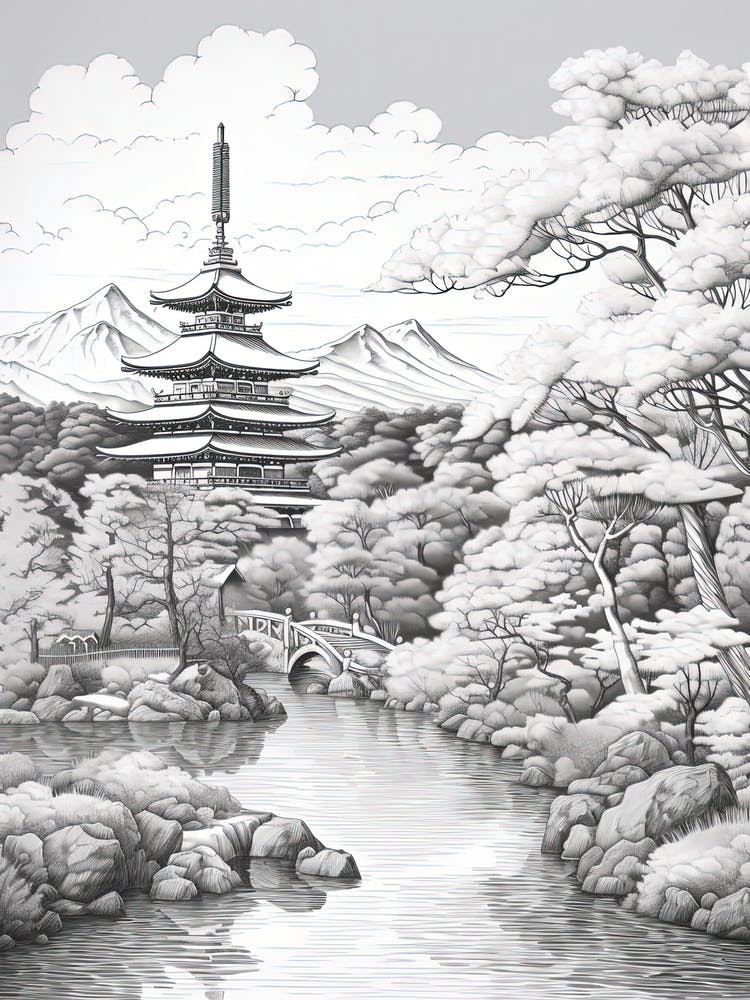 Chureito Pagoda In Yamanashi, Ukiyo E Black And White Line Art Drawing 4