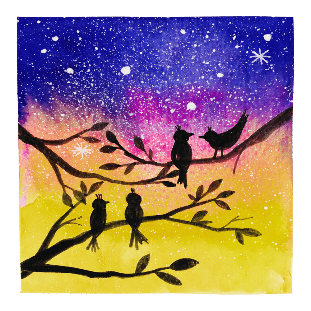 Lumière Aquarelle Au-dessus du Petit Oiseau Dans la Belle Nuit