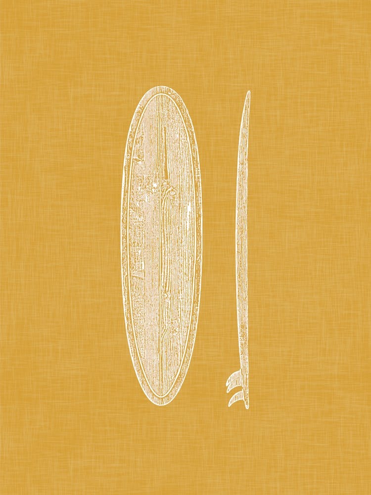 Vintage Surfboard Silhouette On Mustard Linen Texture