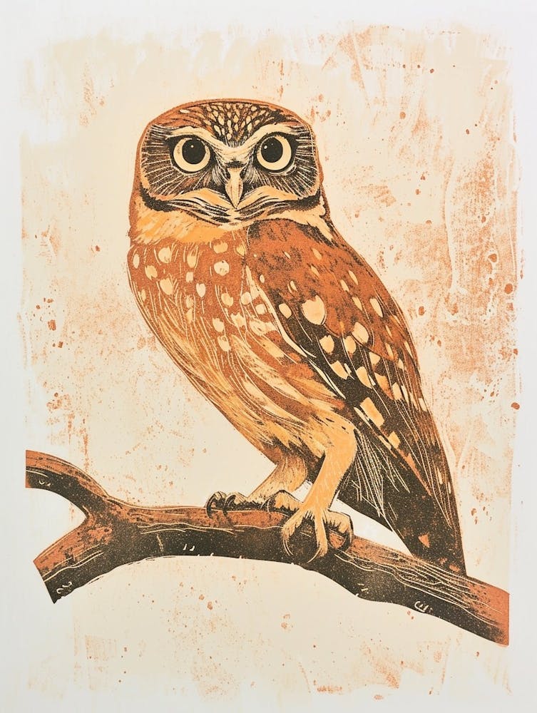 Brown Fish Owl Linocut Blockprint 1