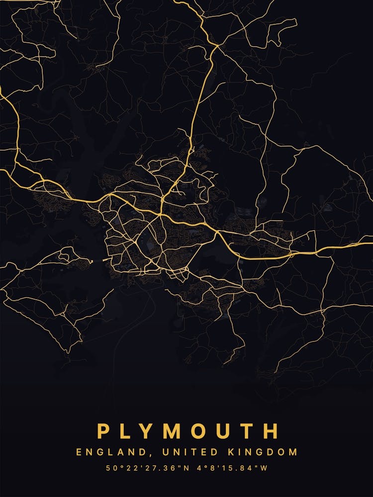 Plymouth Devon England Black And Gold Map