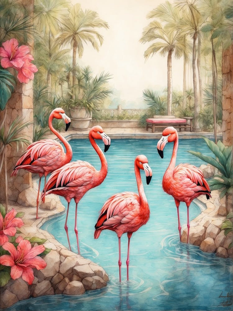 Flamingos By The Pool